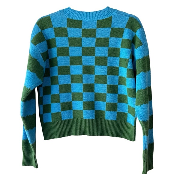 ZARA MUSHROOM SWEATER LIKE NEW BLUE & GREEN CHECKERBOARD COTTON BLEND | SMALL - Picture 7 of 10
